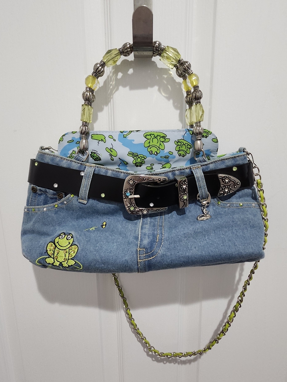 Y2K Denim Jean Bag Embroidered Frog Beaded Handle Western Belt Pocket purse